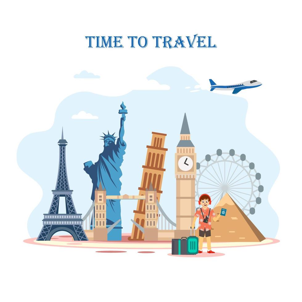 Vacation vector concept. Young man with Bag for holiday to travel and landmarks of the world. Flat vector