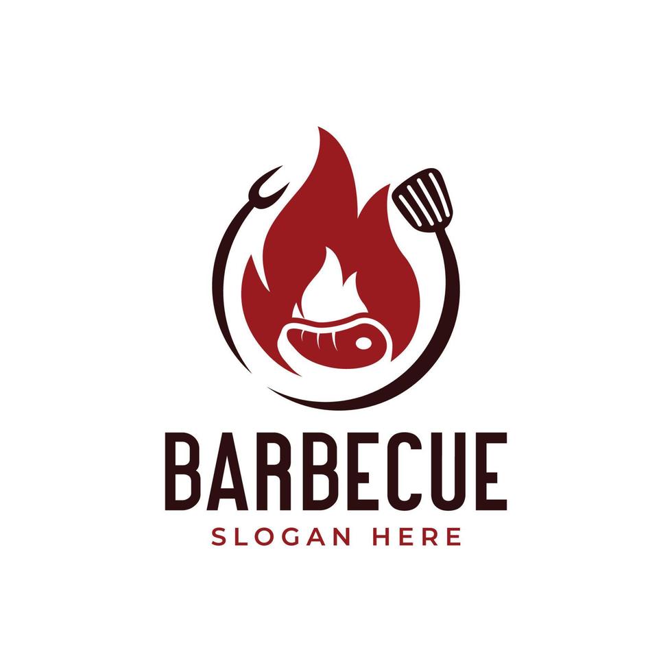 restaurante de barbacoa - icono del logo de barbacoa, parrilla y bar con fuego, tenedor de parrilla y espátula. plantilla de logotipo de barbacoa. ilustración vectorial vector