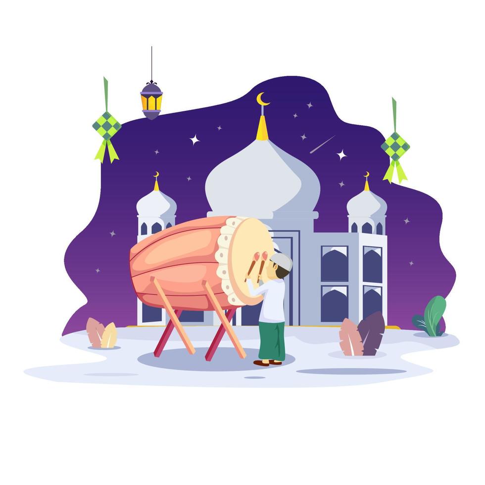 Ramadhan Kareem concept illustration. Happy Muslim people celebrate Holy Month Ramadhan, Eid Mubarak greeting. Flat vector template Style for Web Landing Page, Background.