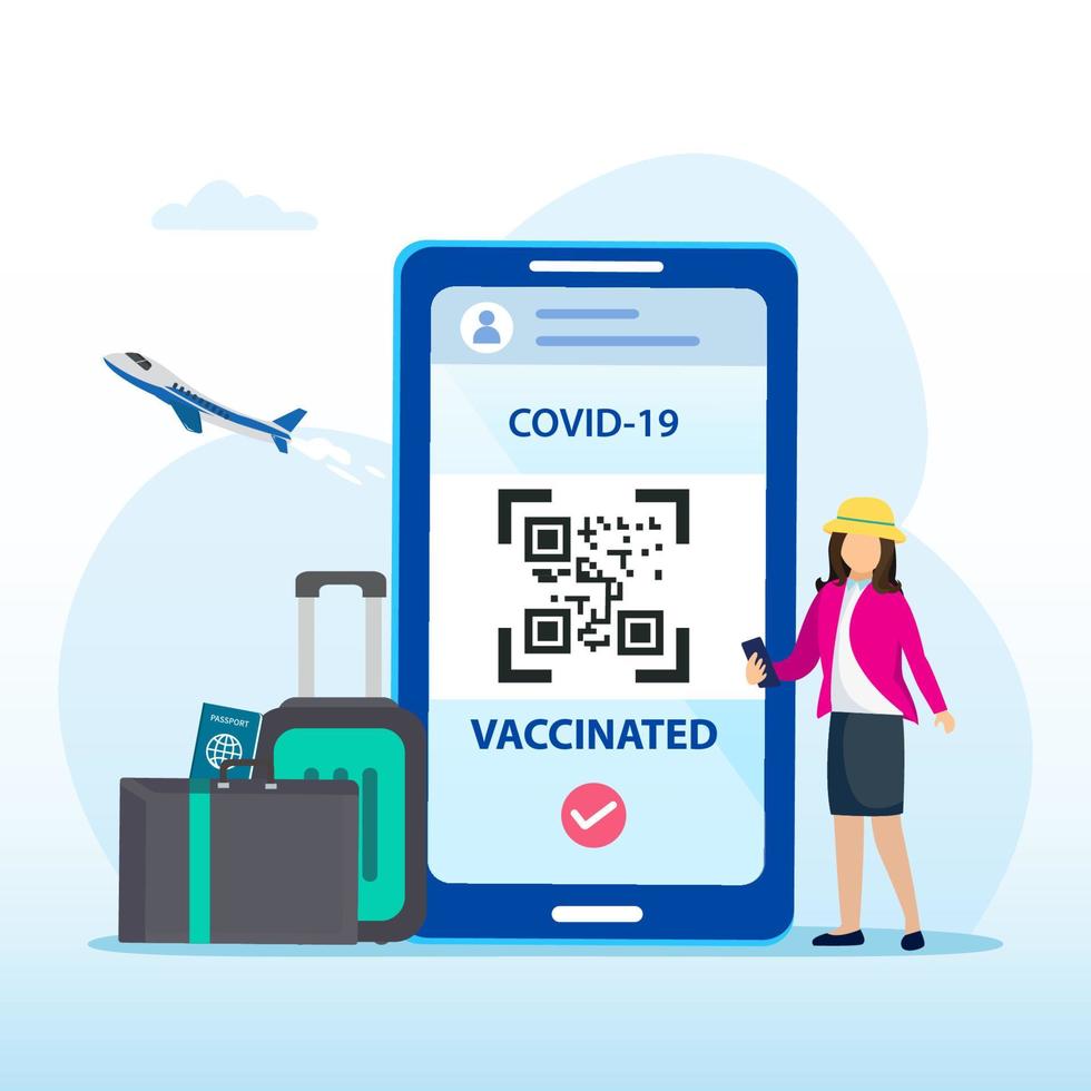a passport and a smart phone with a certificate of vaccination against the Covid-19 disease. Health Passport concept. travel the world. Flat vector
