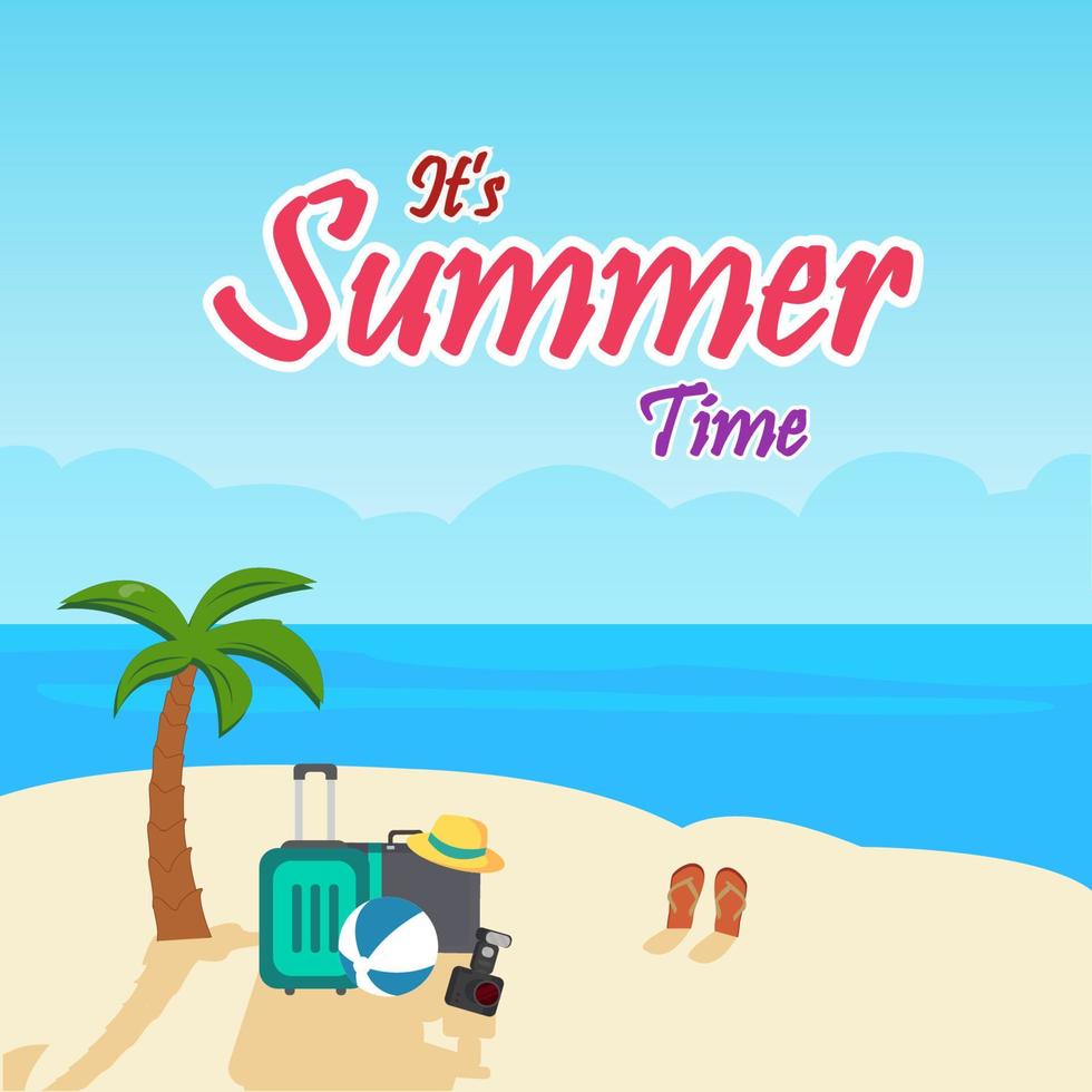 Summer Vacation Design for Travel in a Sand Beach Island with Summer Items. Vector Illustration