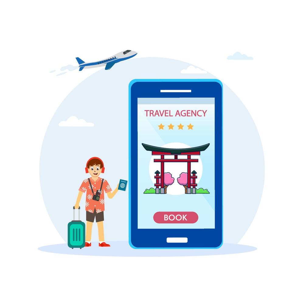 Travel agency vector concept, Young man making reservation in travel agency app to japan.