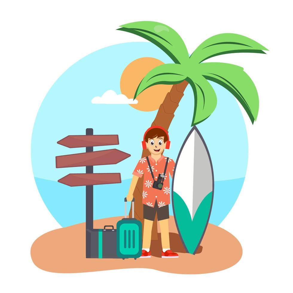 Summer Vacation Design for Travel in a Sand Beach Island with Summer Items. Vector Illustration