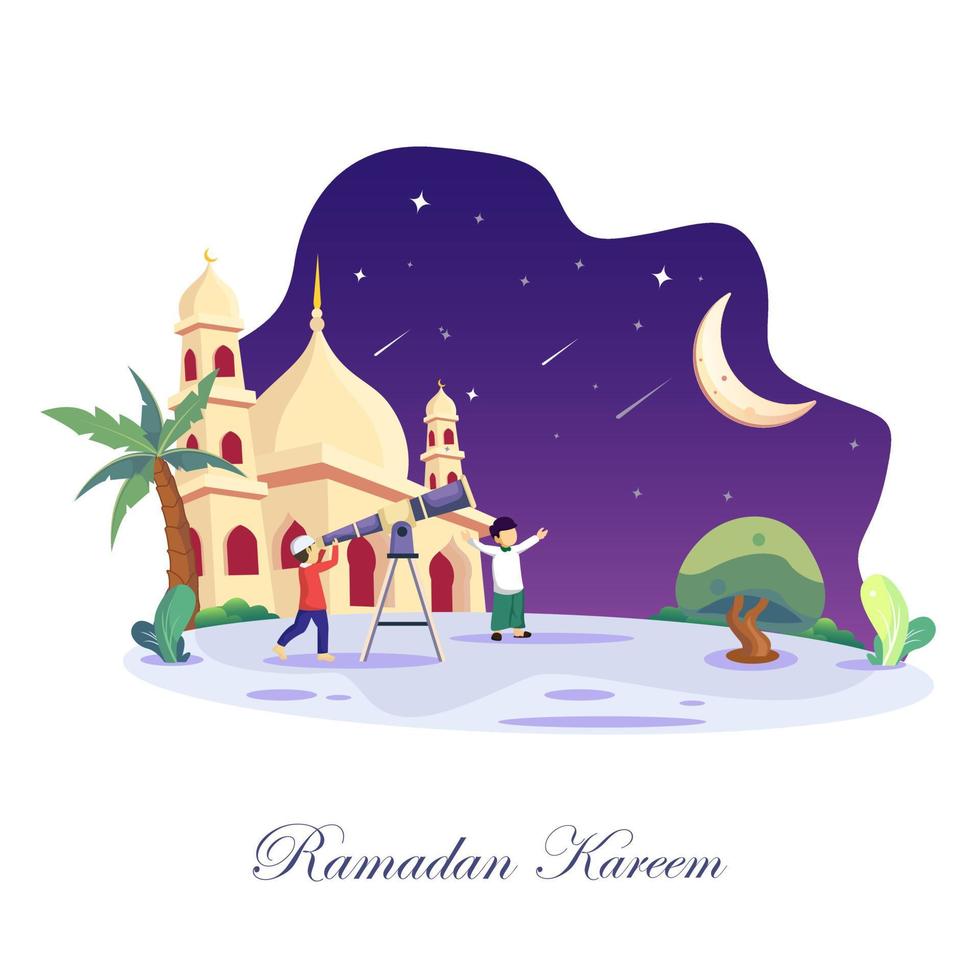 Ramadhan Kareem concept illustration. Happy Muslim people celebrate Holy Month Ramadhan, Eid Mubarak greeting. Flat vector template Style for Web Landing Page, Background.