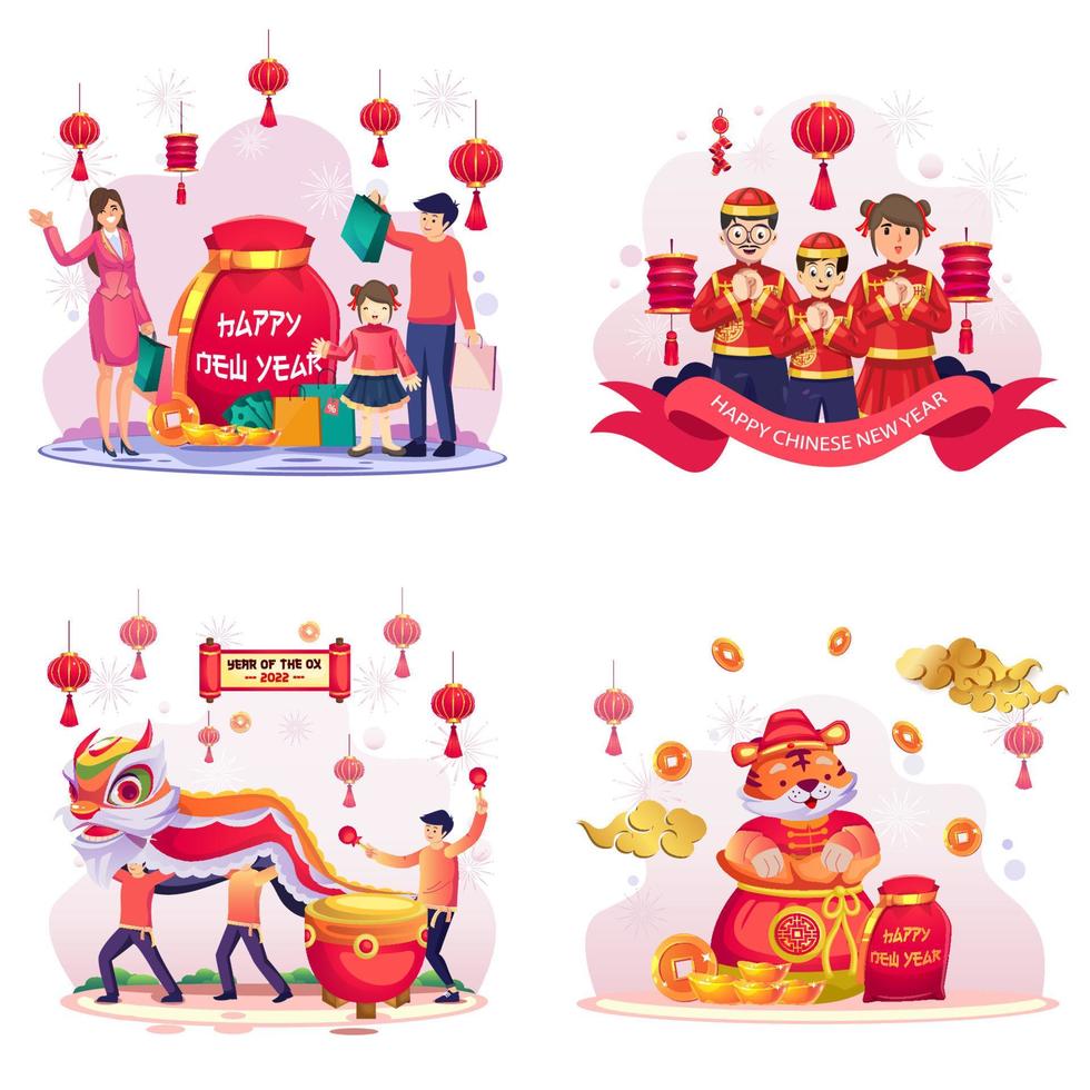 Set bundle Chinese new year concept. Flat Style vector template