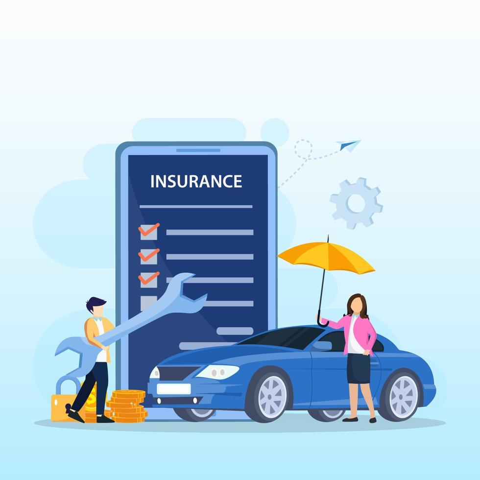 formulario de póliza de seguro de automóvil con paraguas. agente de seguros, vector de protección, daño o colisión