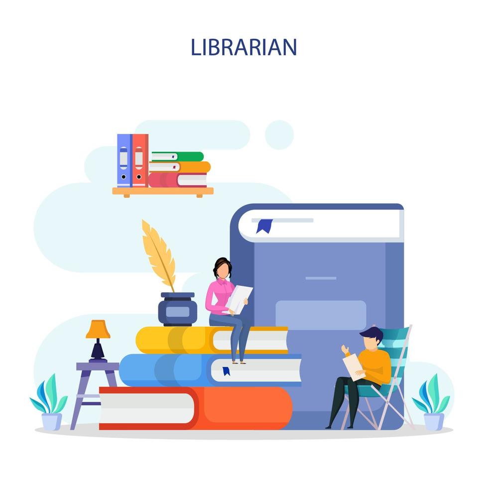 Librarian concept vector illustration. Llibrary reading room guid.