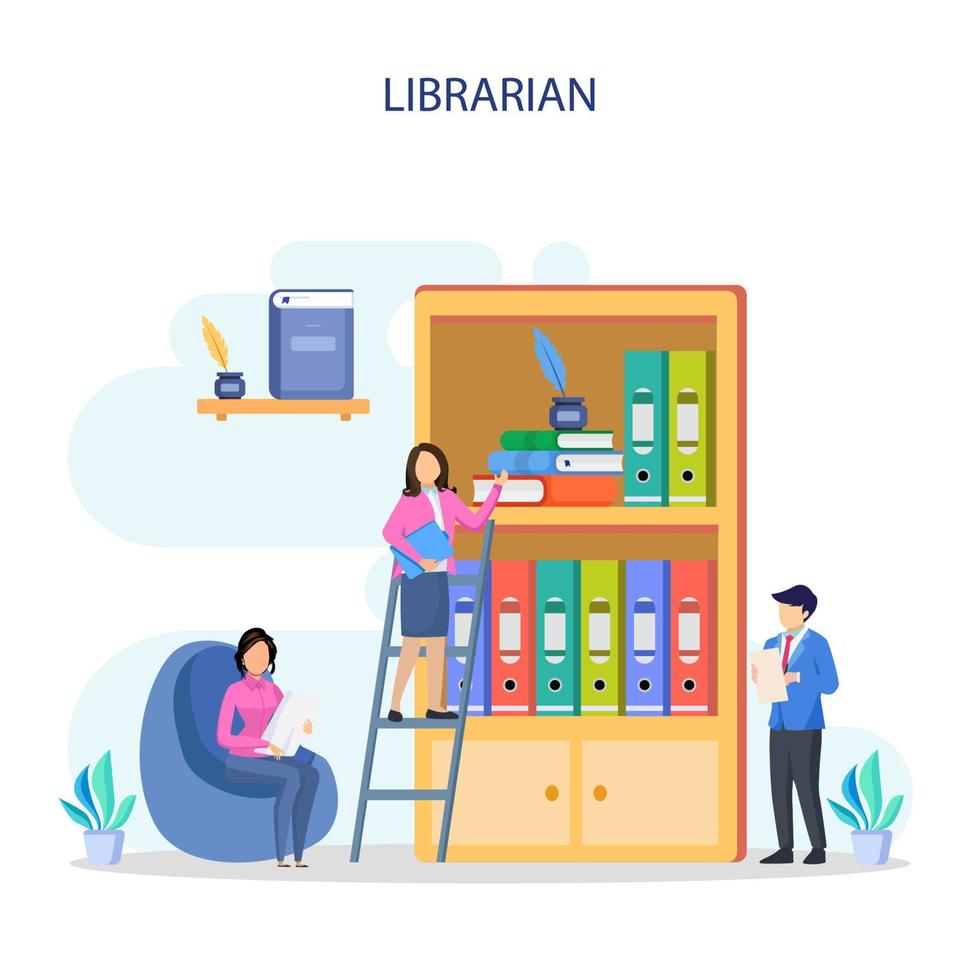 Librarian concept vector illustration. Llibrary reading room guid.