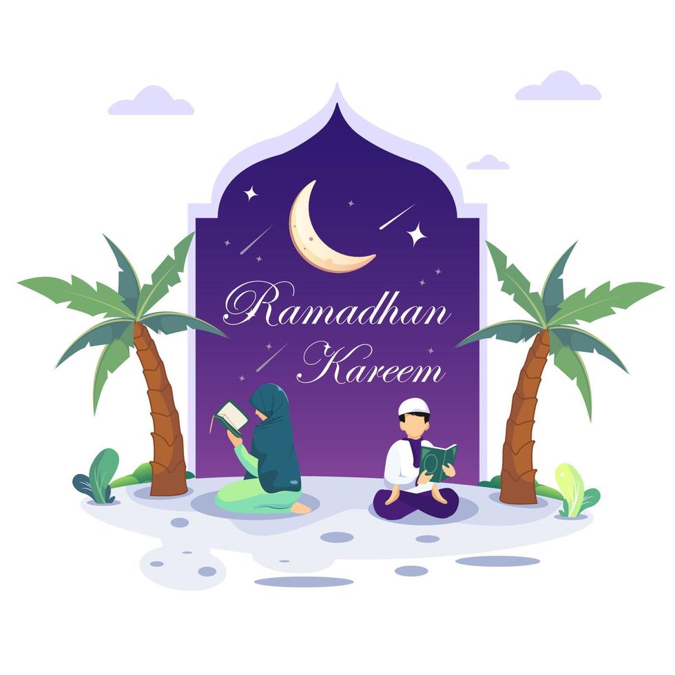 Ramadhan Kareem concept illustration. Happy Muslim people celebrate Holy Month Ramadhan, Eid Mubarak greeting. Flat vector template Style for Web Landing Page, Background.