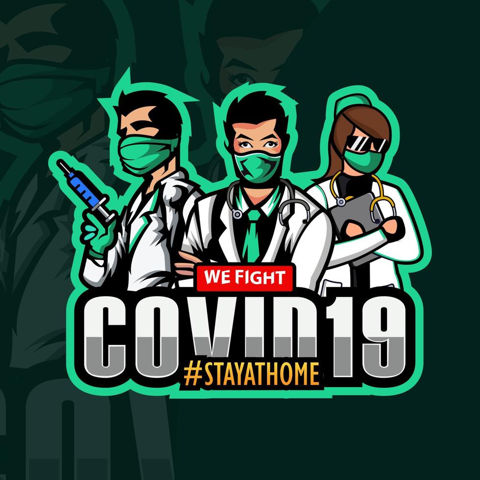 a set mascot character COVID-19 prevention. Doctor team wearing surgical face mask fighting with sign Stop COVID-19 and Fight Virus, Idea for corona virus outbreak, prevention and aware vector