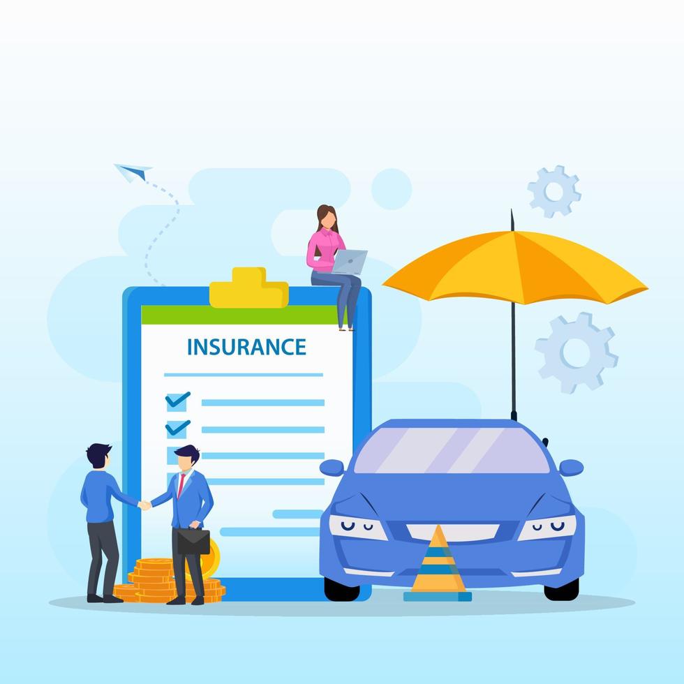 Car insurance policy form with umbrella. Insurance agent, Protection, damage or collision vector