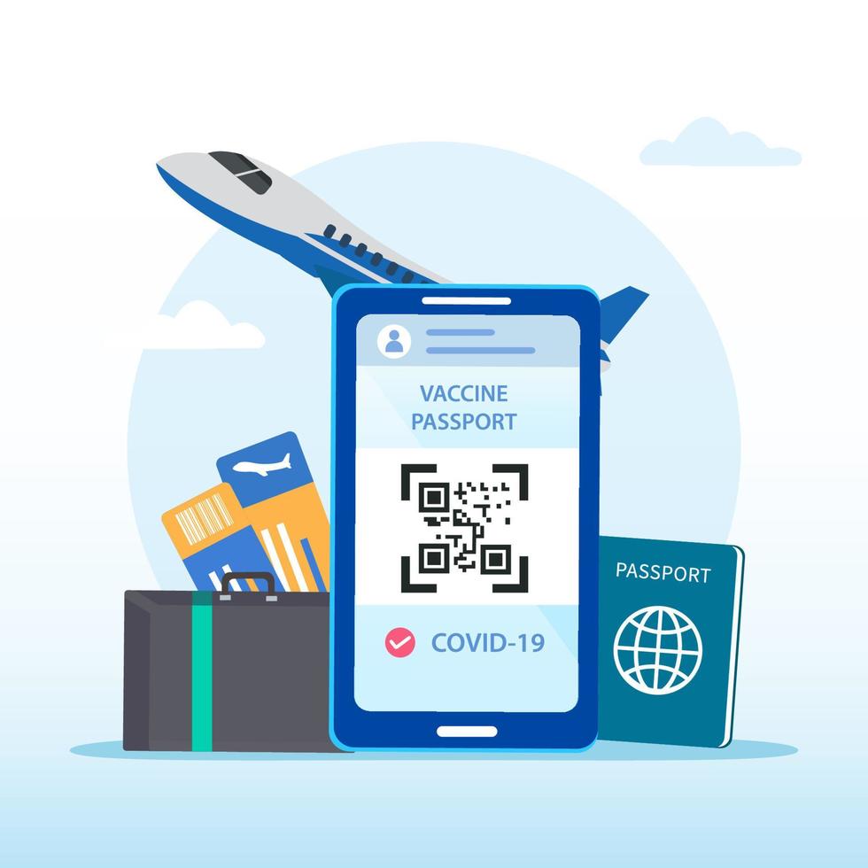 a passport and a smart phone with a certificate of vaccination against the Covid-19 disease. Health Passport concept. travel the world. Flat vector