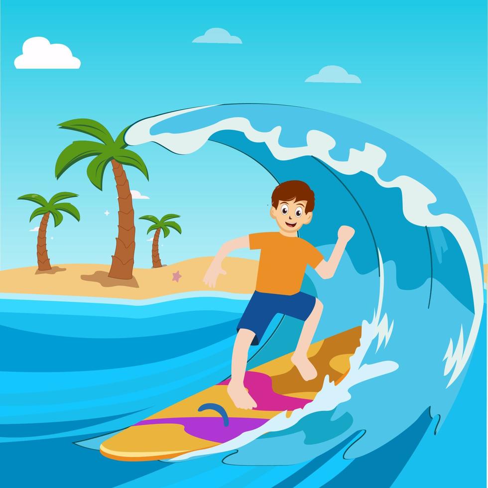 Young man  surf riding ocean wave on board, summer surfing activity, vector illustration