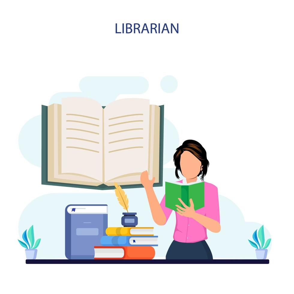 Librarian concept vector illustration. Llibrary reading room guid.