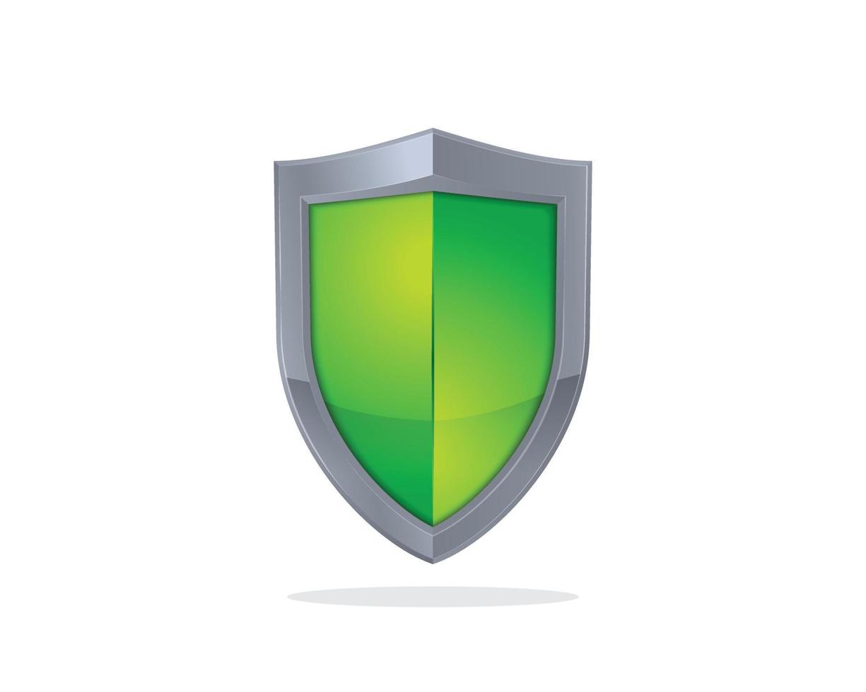 icono de vector de escudo brillante metálico verde y plateado aislado sobre fondo blanco