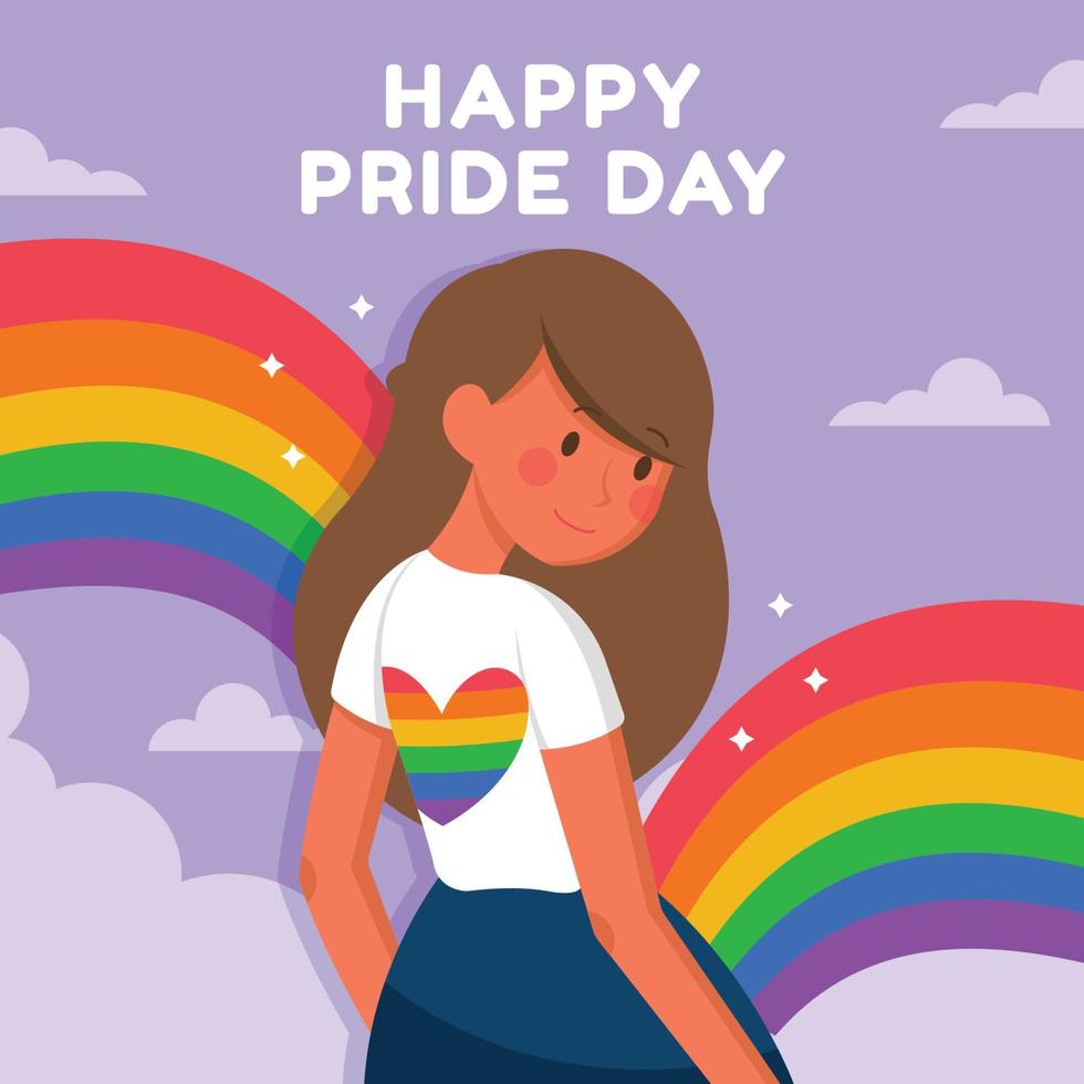 mujer con camisa con símbolo de orgullo cerca del arco iris vector