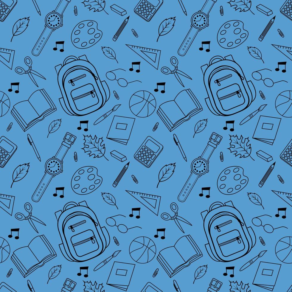 Vector seamless pattern with school accessories, satchel, glasses, paints, notebook, eraser, watch, ruler, scissors.Vector illustration.