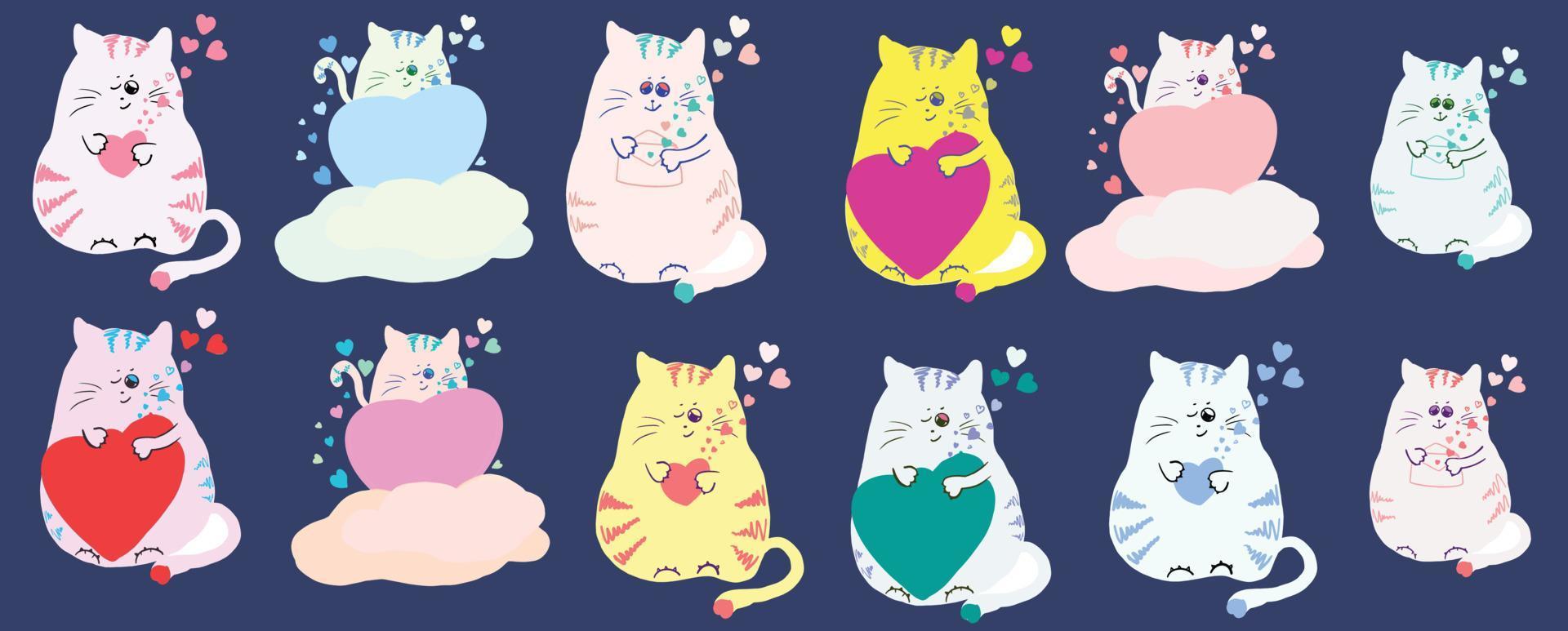 set with cute cats in love with hearts. Valentine's Day, the holiday of love vector