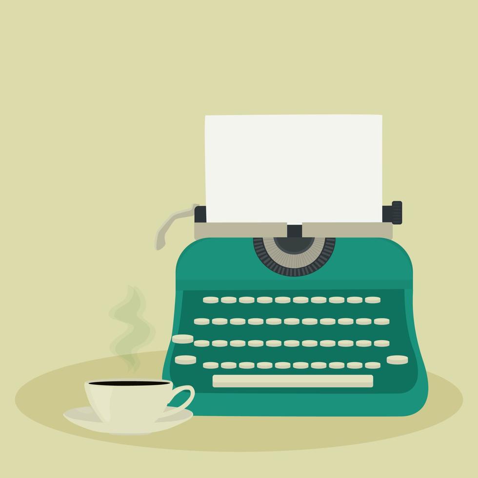 Green typewriter and cup of hot tea. vector