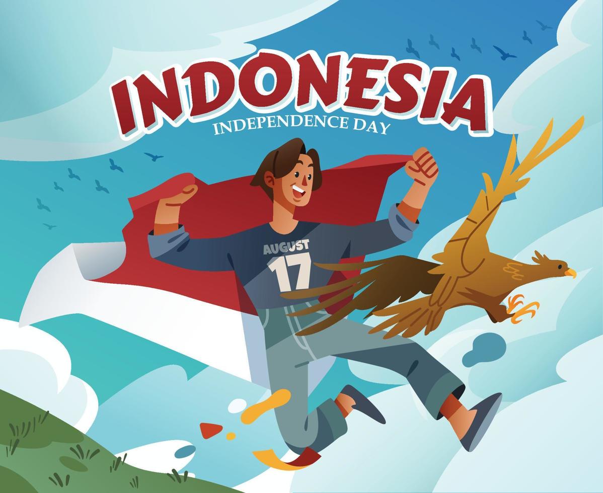 A Boy and an Eagle Carry The Indonesian Flag vector