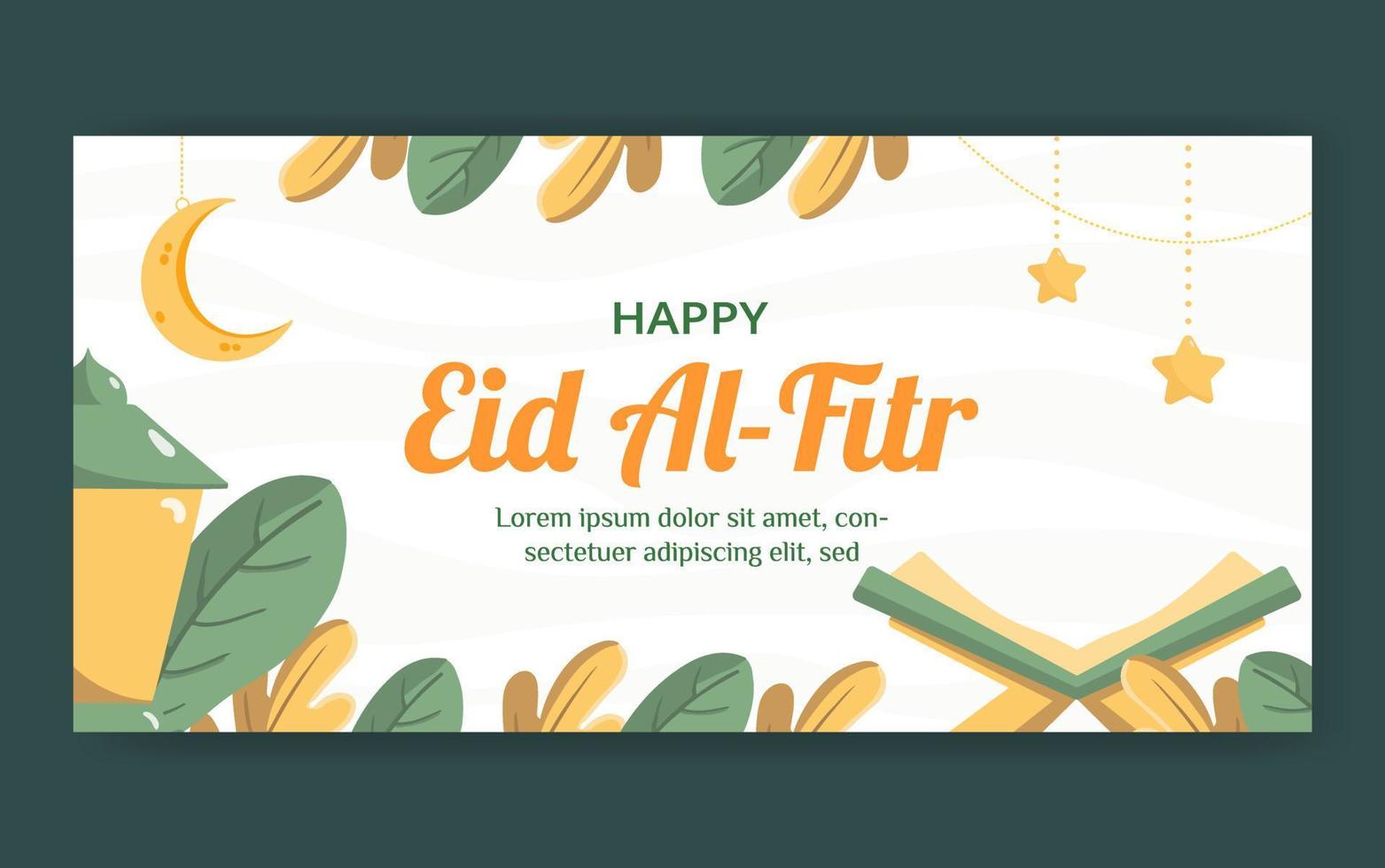 plantilla de banner de eid mubarak con linterna y concepto de corán. dibujado a mano y estilo plano vector