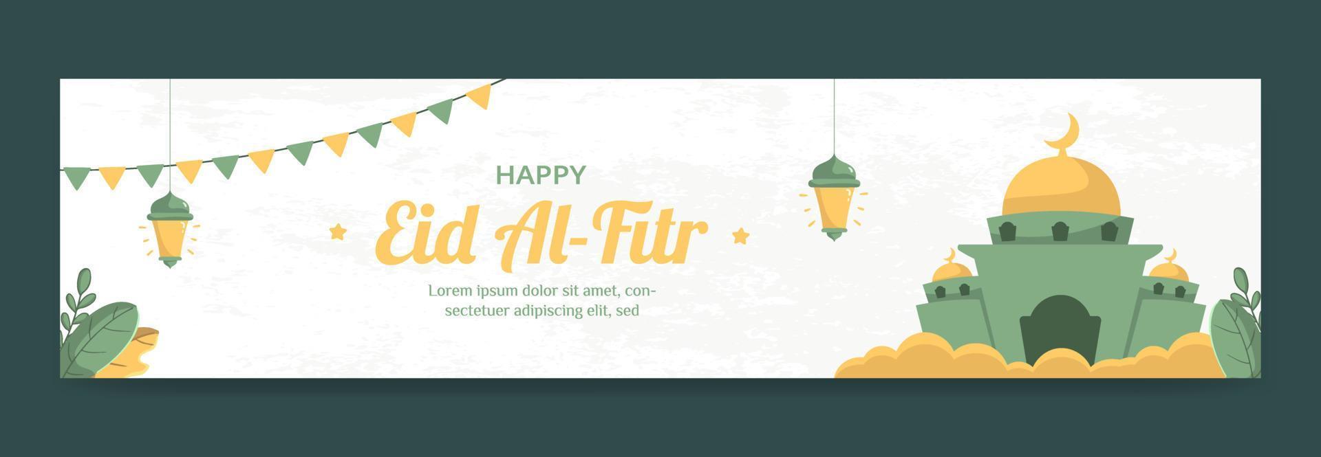 Eid  Mubarak Banner Template  With Mosque and Lantern Concept. Hand Drawn And Flat Style vector