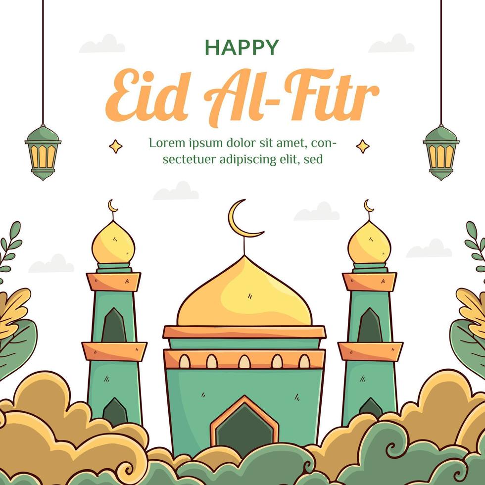 Eid  Mubarak Social Media Post Template  With Mosque and Lantern Concept. Hand Drawn And Flat Style vector