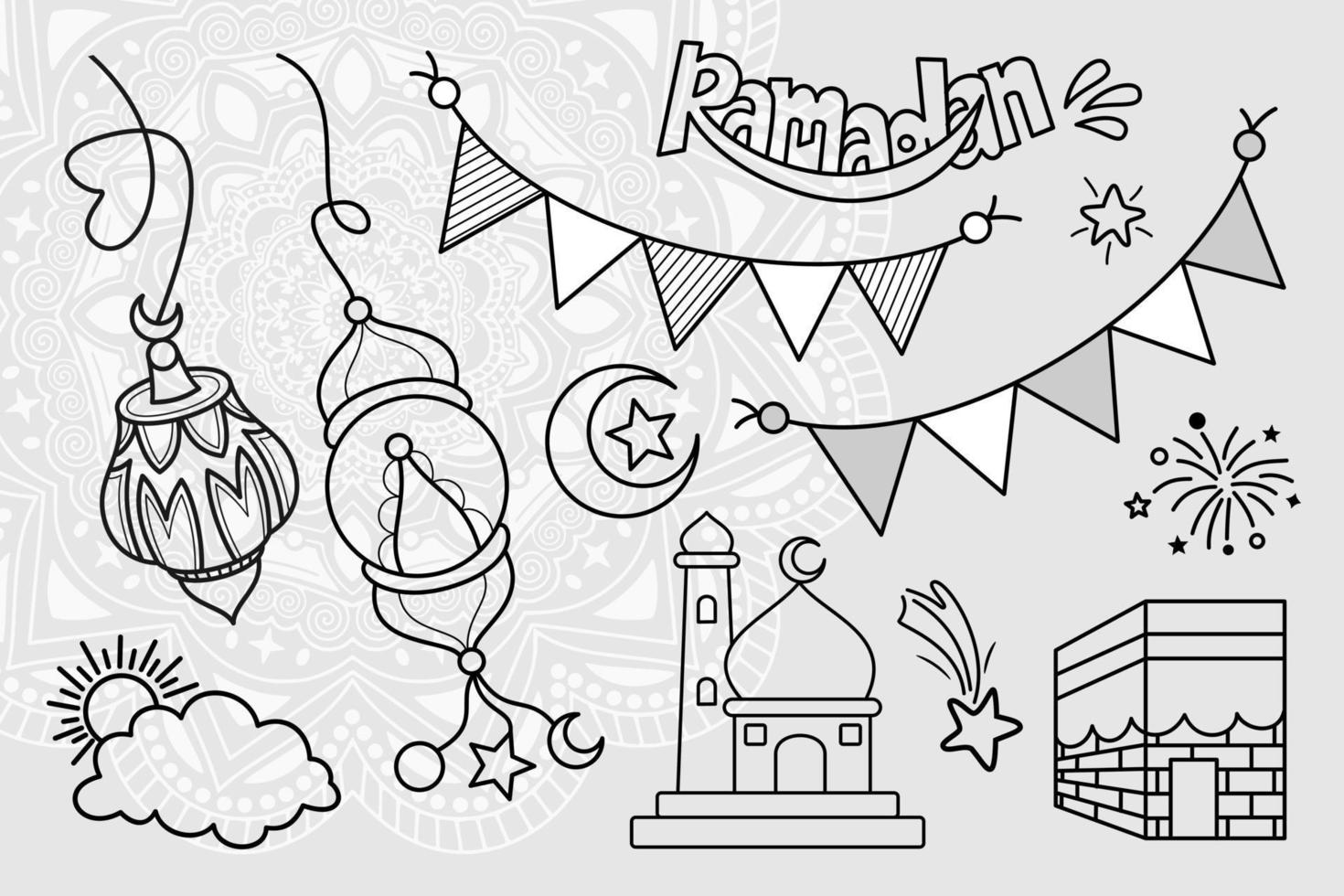 Doodles line art of ramadan kareem greeting card concept. Vector illustration.