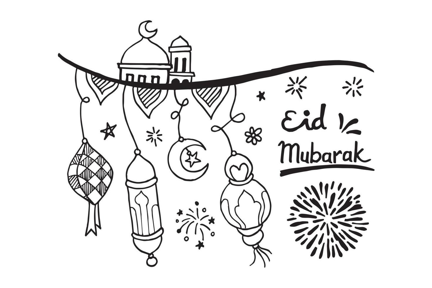 Eid Mubarak doodle, vector illustration.