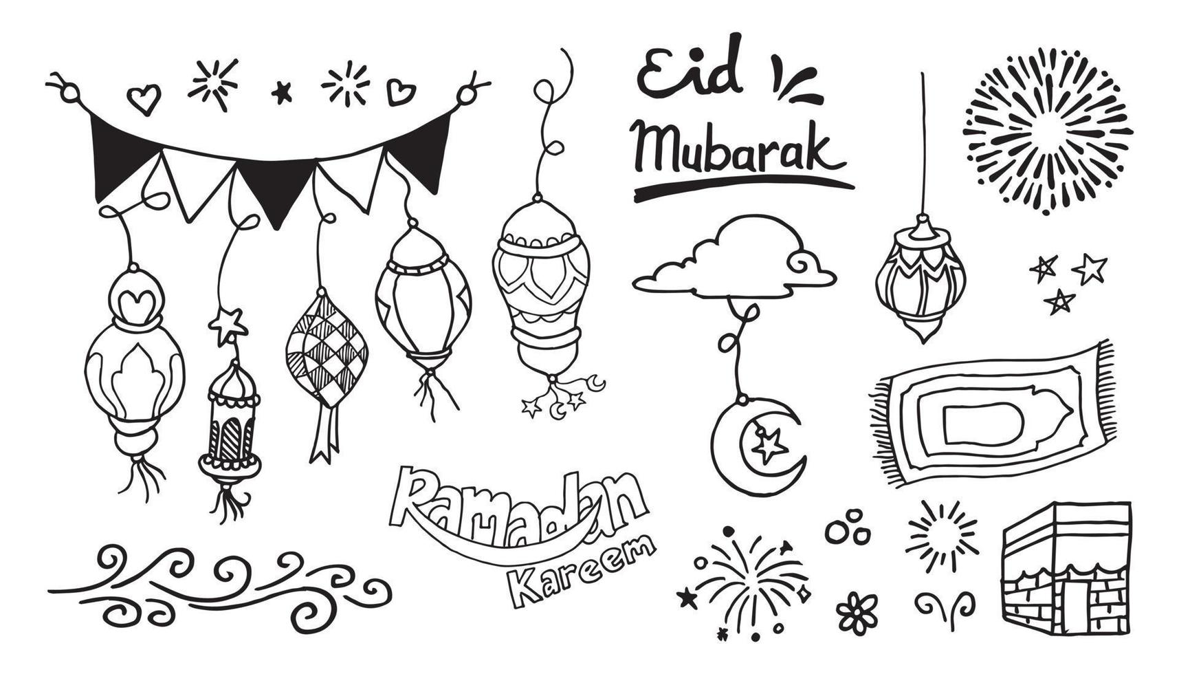 Doodles line art of ramadan kareem greeting card concept. Vector illustration.