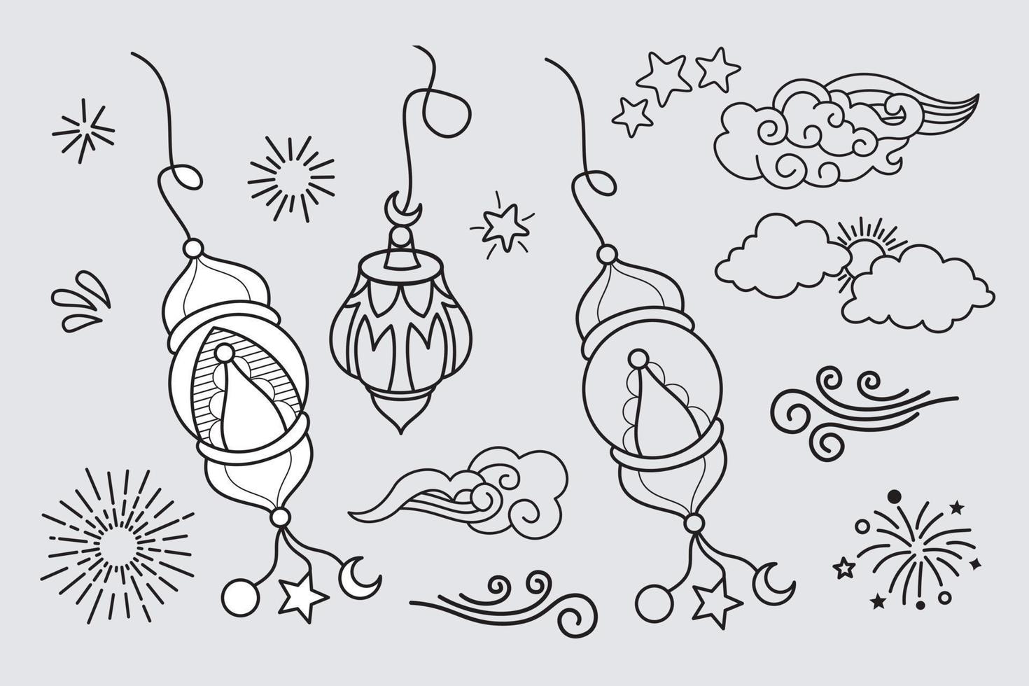 Doodles line art of ramadan kareem greeting card concept. Vector illustration.