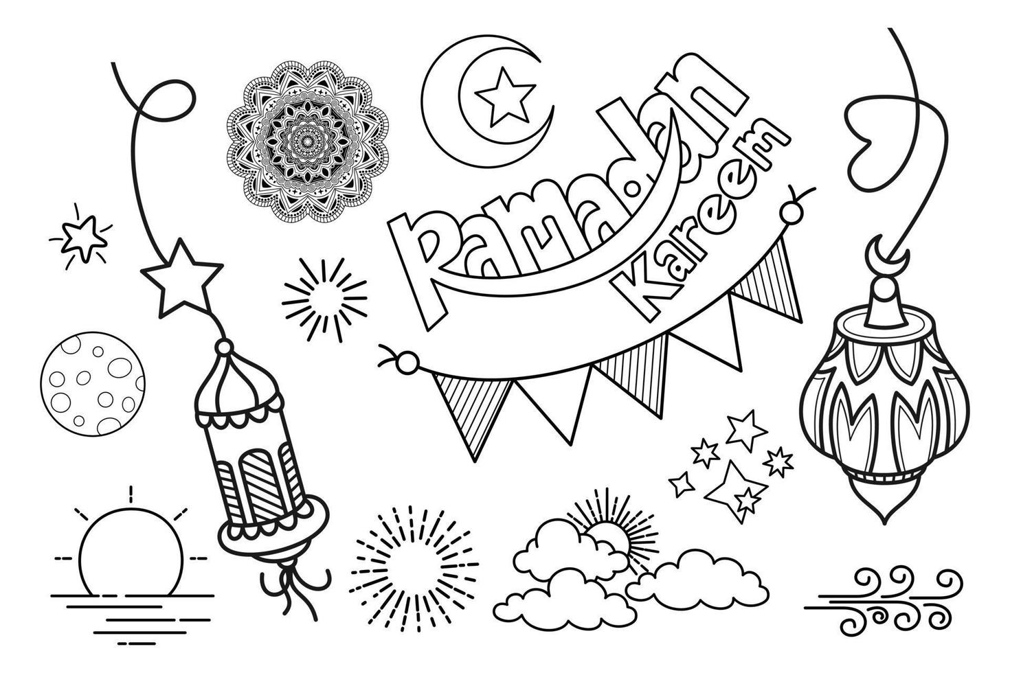 Doodles line art of ramadan kareem greeting card concept. Vector illustration.