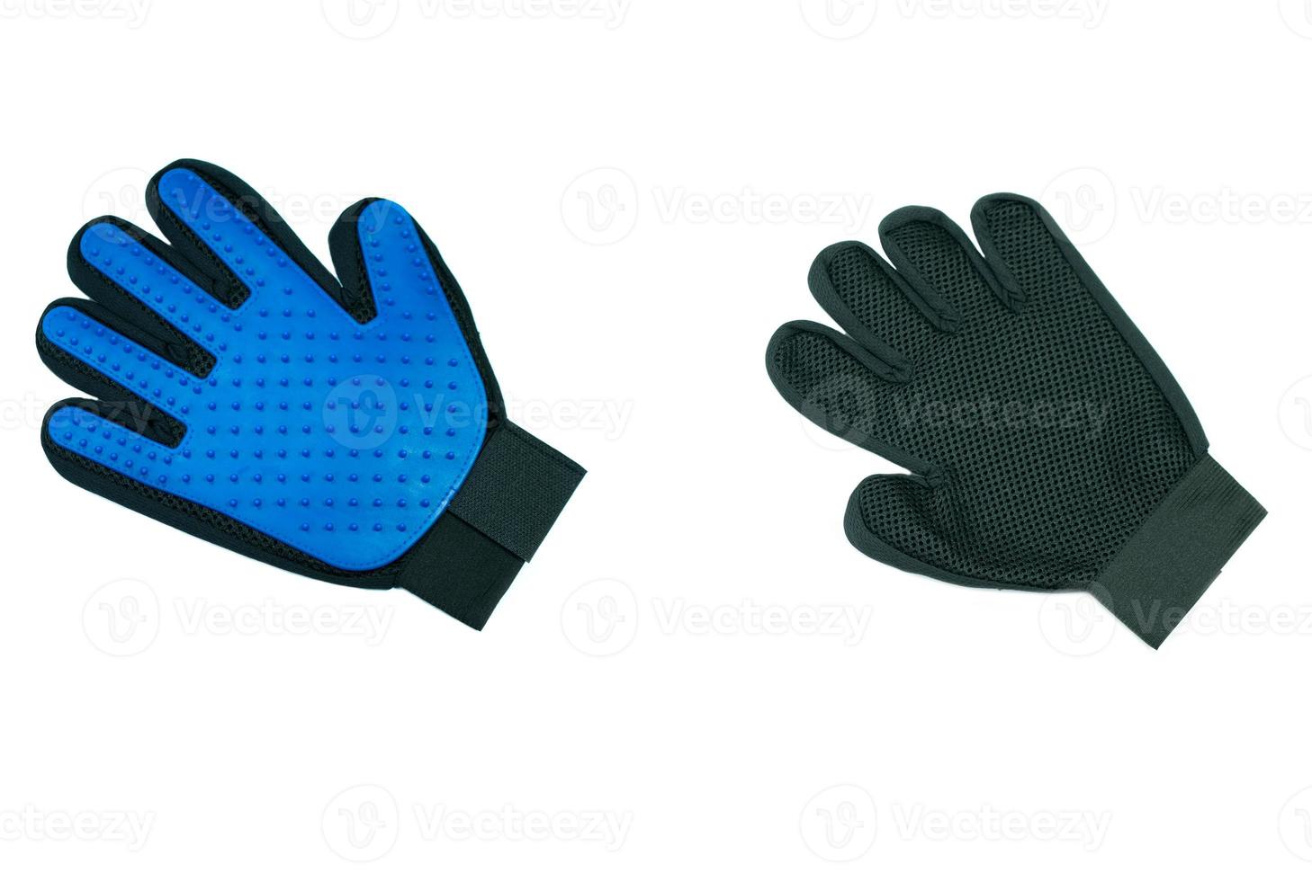 Rubber gloves for pet bath on isolated white background.   Pet supplies  concept. photo