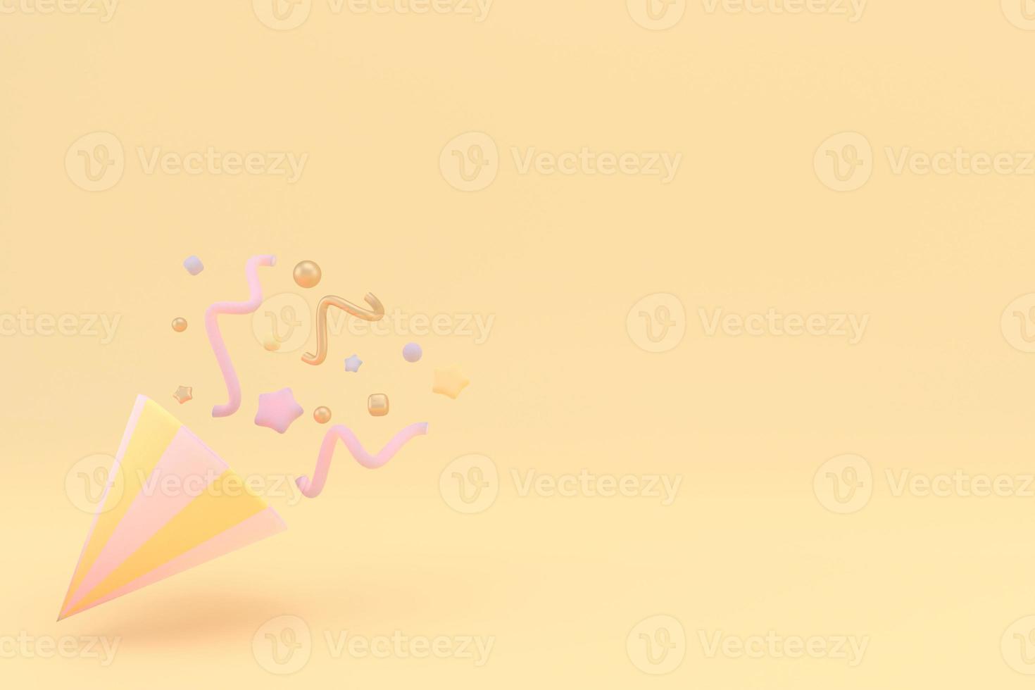 Exploding party popper cone with confetti copy space text, birthday and anniversary banner with cone popper., 3D rendering. photo
