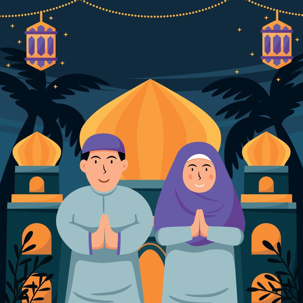 Happy Eid al Fitr Flat Cartoon with Character Couple vector