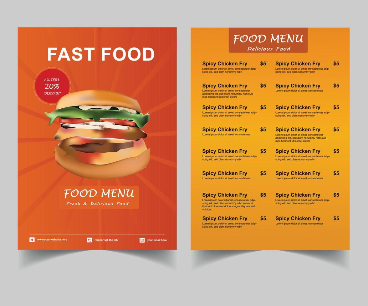plantilla de menú de vector de comida rápida, folleto de restaurante de comida de mantel de menú, diseño de plantilla de menú. volante de menú de comida vectorial. tablero de menú gourmet.