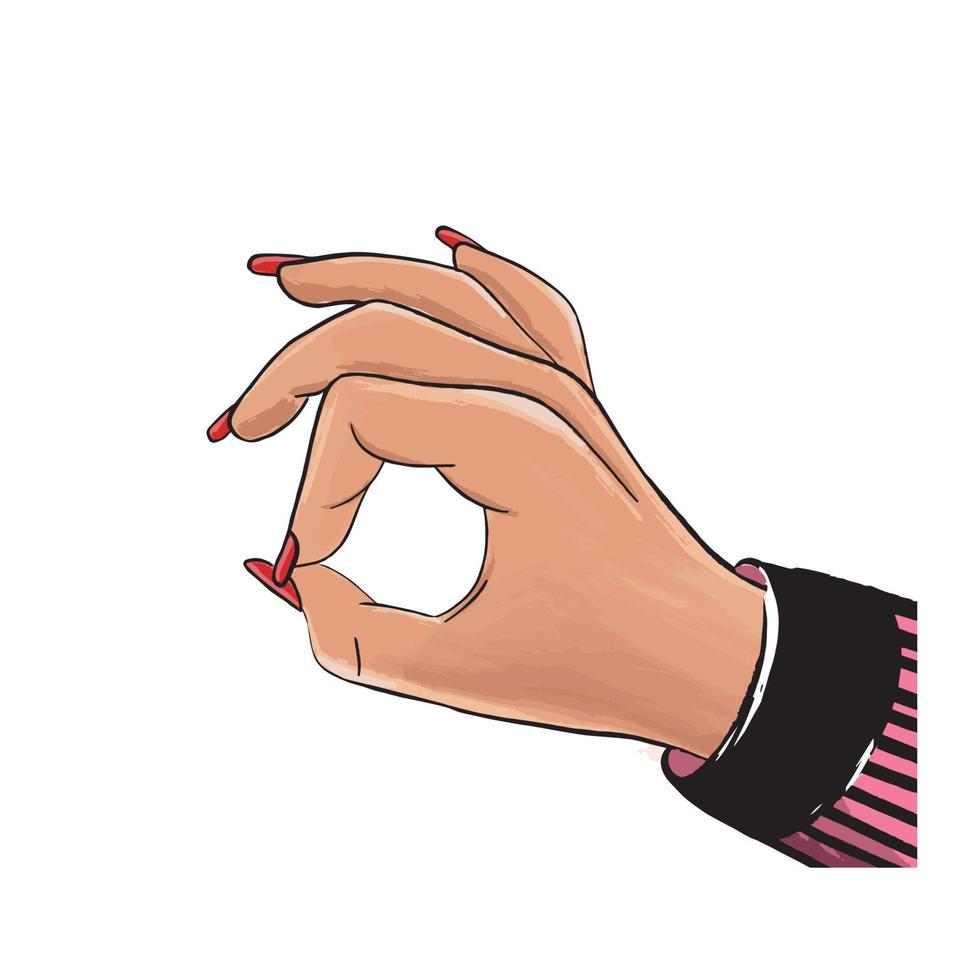 Female hand showing ok, on a white background, red nails. Vector stock illustration, fingers showing symbol of a great state. Isolated sketch style, hand drawn illustration. Ok icon, pop art.