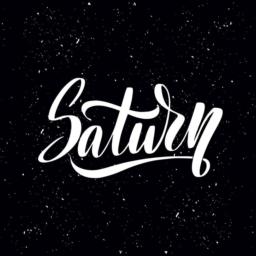 Saturn lettering in modern style. Planet vector typography illustration on black stars background. Galaxy space business concept. Great stock calligraphy for diaries, cards, badges, social media.