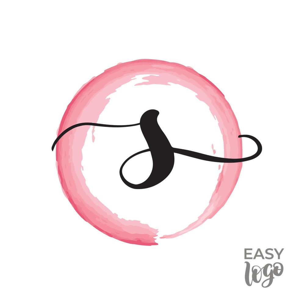 Abstract handwritten calligraphy letter S logo design template. Universal icon. Pink watercolour circle on background. vector