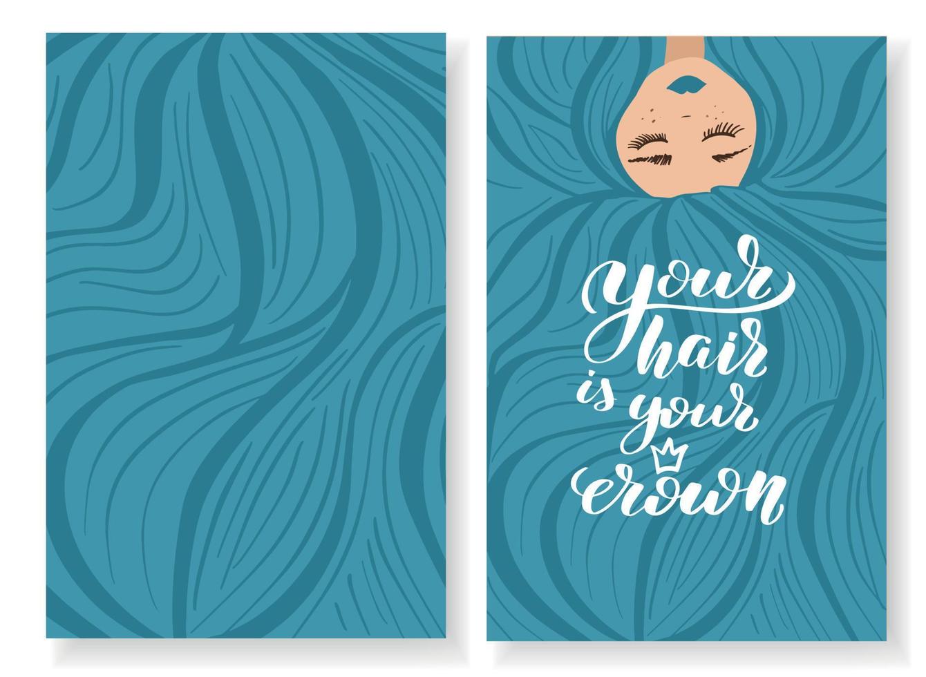 Sleeping girl with freckles and very long blue hair. Lettering inscription. Vector stock illustration, postcard, print, business card, certificate. Dreamy concept for a hairdresser, colorist.