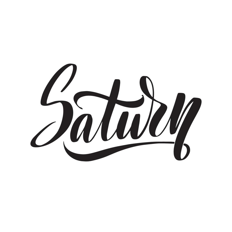 Saturn lettering in modern style. Planet vector typography illustration on black stars background. Galaxy space business concept. Great stock calligraphy for diaries, cards, badges, social media.
