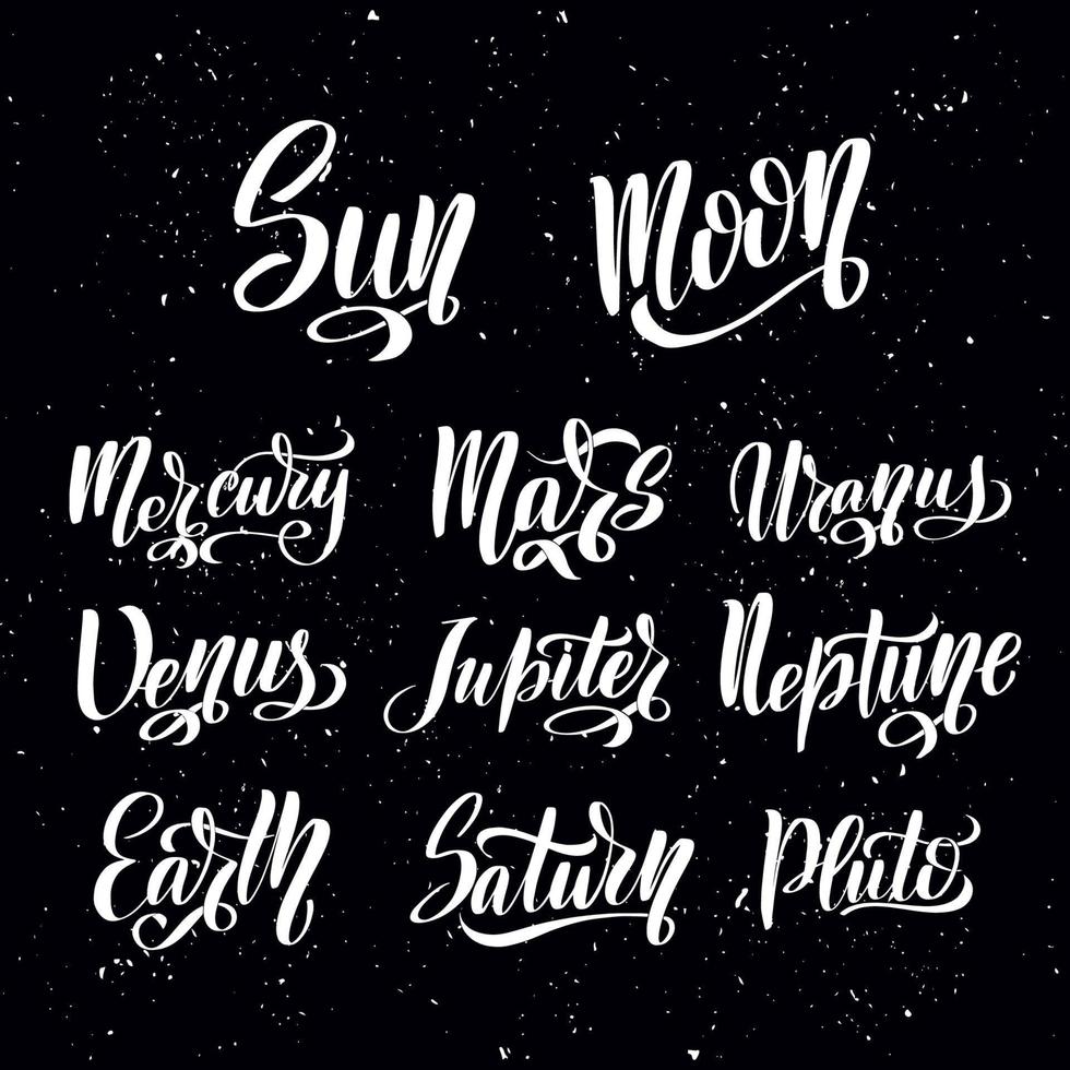 Planet lettering set. Planets names - mercury venus earth, mars jupiter saturn uranus neptune pluto. Vector astronomic abstract objects - sun, moon, asteroid. Calligraphy stock illustration.