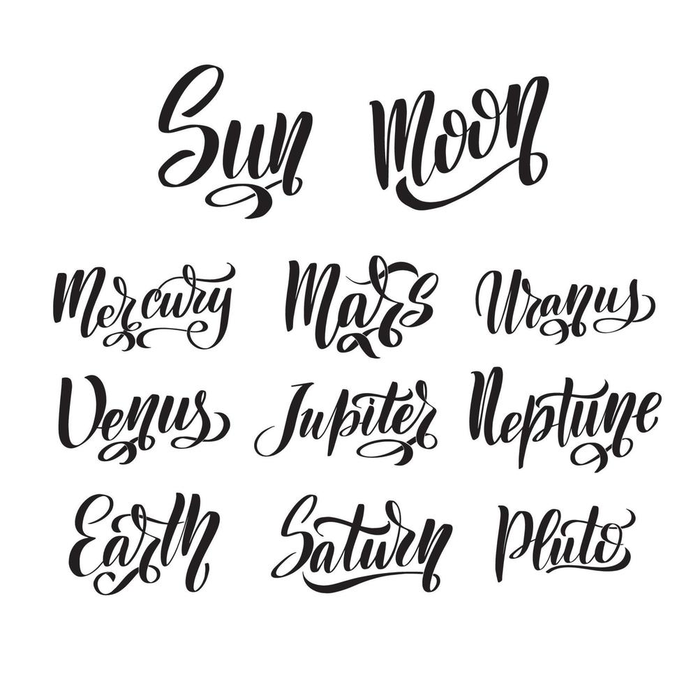 Mercury, Venus Earth, Mars, Jupiter Saturn, Uranus, Neptune, Pluto. Hand written names of solar system planet. Vector stock text elements on white background. Brush calligraphy style, lettering.