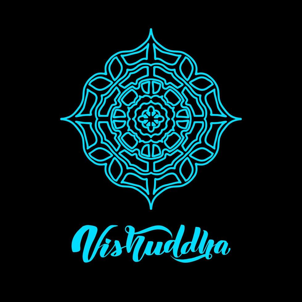 Vector illustration with symbol chakra Vishuddha on black background. Round mandala pattern and hand drawn lettering. Colored. Vector illustration