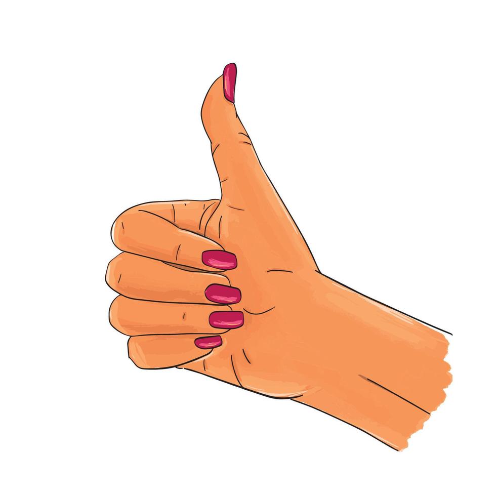 Hand gesture, thumbs up, pop art sketch. Hand drawn female asian hand with pink nails. Sticker, print design vector stock illustration isolated on white background.