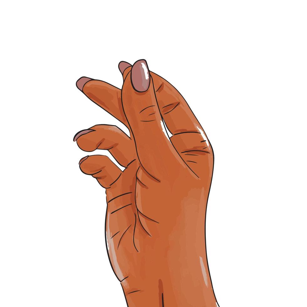 Hand drawn female afro american hand with pink nails snapping finger gesture. Sticker, print design vector stock illustration isolated on white. Sketch in style pop art, comics. Call attention.