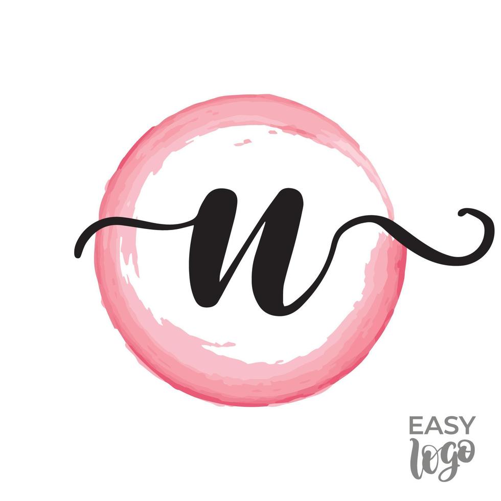 Abstract handwritten calligraphy letter N logo design template. Universal icon. Pink watercolour circle on background. vector
