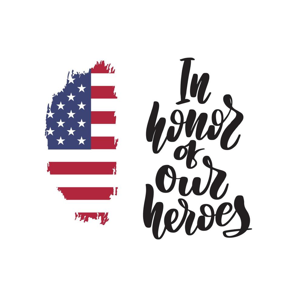 In Honor Of Our Heroes USA Memorial Day greeting card with brush stroke background in United States national flag colors. Vector illustration.