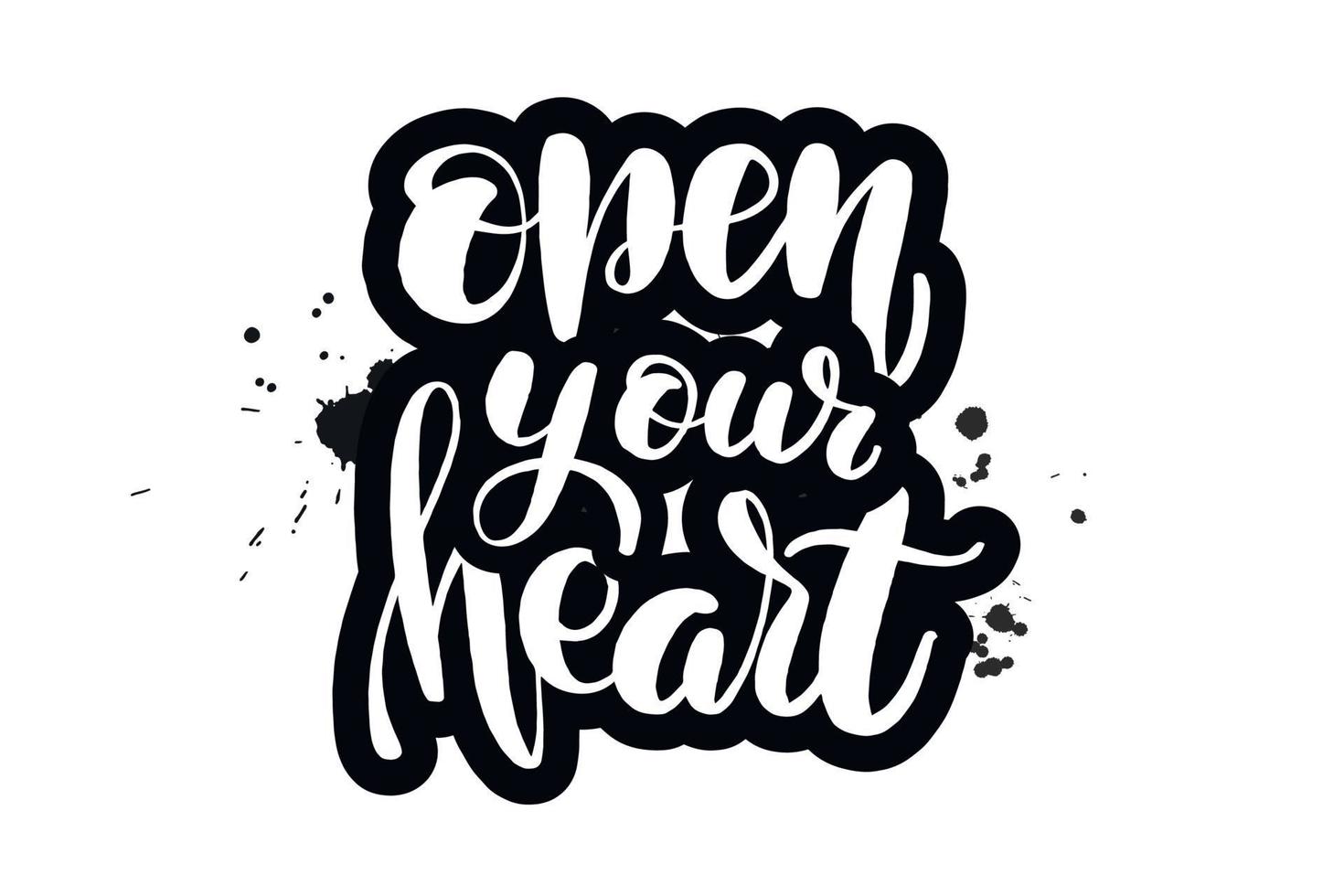 Inspirational handwritten brush lettering open your heart. Vector calligraphy illustration isolated on white background. Typography for banners, badges, postcard, t shirt, prints, posters.