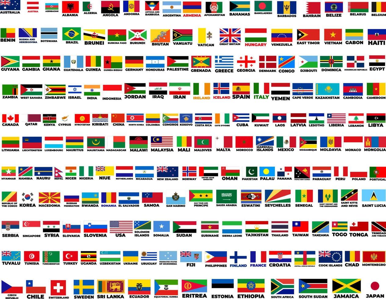 banderas del mundo. ilustración de vector de bandera mundial. diseño de rectángulo. diseño cuadrado conjunto de acciones de ilustración vectorial